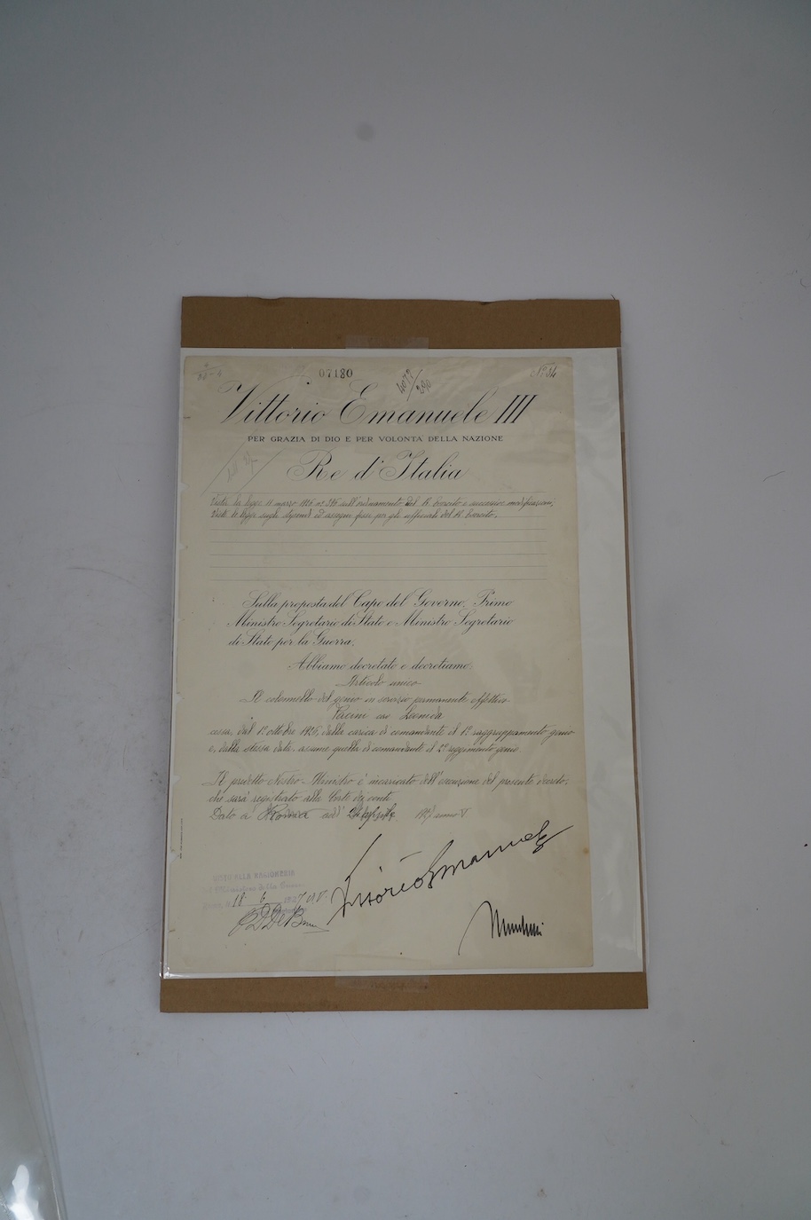 An Italian document Benito Mussolini and Vittorio Emanuele III signed document, signed in black ink at the bottom ‘Vittorio Emanuele’ and ‘Mussolini’, and dated 18.6.1927, 37 x 24.5cm. Condition - good